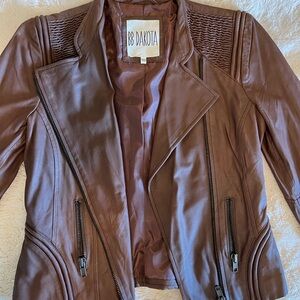 BB Dakota Brown Faux Leather Moto Jacket with Quilted Shoulders